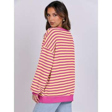 ANRABESS Women Striped Oversized Sweatshirt Long Sleeve Crewneck Shirts 2025 Fall Fashion Pullover Sweater Trendy Clothes Hot Pink Yellow Small