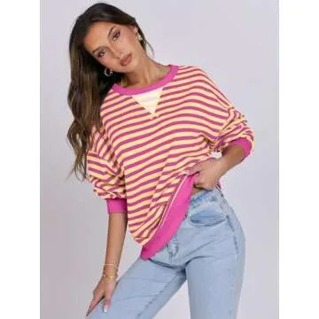 ANRABESS Women Striped Oversized Sweatshirt Long Sleeve Crewneck Shirts 2025 Fall Fashion Pullover Sweater Trendy Clothes Hot Pink Yellow Small