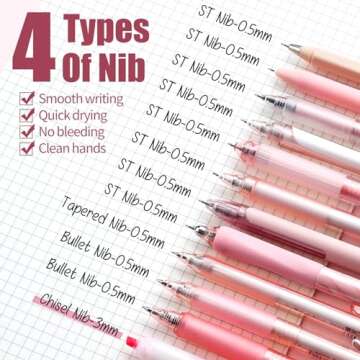 FourCandies 12Pack Pastel Gel Ink Pen Set, Cute Note Taking 0.5mm Fine Point Retractable 11 Pack Black Ink Pens with 1Pack Highlighter for Writing, School, Office (Pink)