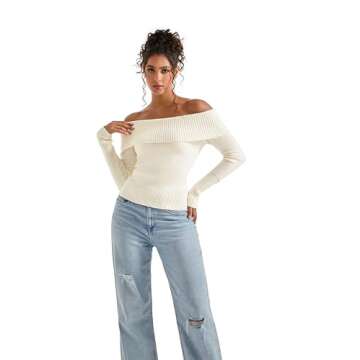 SUUKSESS Women Off Shoulder Sweater Long Sleeve Ribbed Knit Pullover Sweater Tops Going Out Fall Shirt (White, L)
