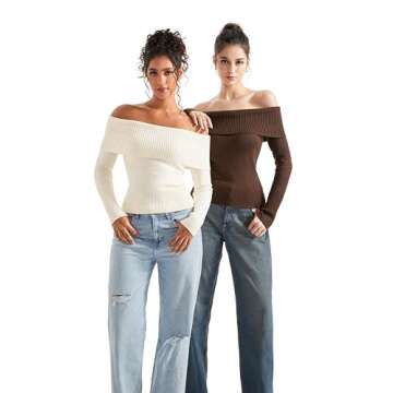 SUUKSESS Women Off Shoulder Sweater Long Sleeve Ribbed Knit Pullover Sweater Tops Going Out Fall Shirt (White, L)