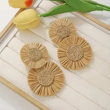 Statement Round Earrings Raffia Palm Bohemian Drop Dangle Earrings for women(ER1205-Sand)