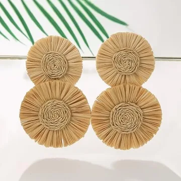 Statement Round Earrings Raffia Palm Bohemian Drop Dangle Earrings for women(ER1205-Sand)