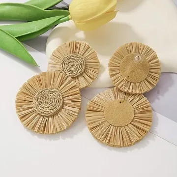Statement Round Earrings Raffia Palm Bohemian Drop Dangle Earrings for women(ER1205-Sand)