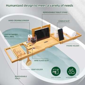 Bathtub Tray, Ohuhu Premium Bamboo Bathtub Caddy Tray Expandable Foldable Bath Tray with Anti-Slip Grips Soap Wine Phone Holder
