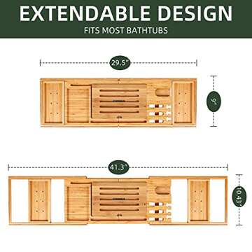 Bathtub Tray, Ohuhu Premium Bamboo Bathtub Caddy Tray Expandable Foldable Bath Tray with Anti-Slip Grips Soap Wine Phone Holder