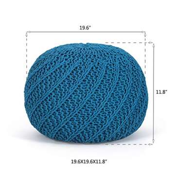 Joveco Ottoman Pouf Foot Rest- Round Pouf Ottoman Footstool- Hand Knitted Cotton Pouf Footrest- Knit Ottoman Accent Seating Chair for Living Room Nursery and Bedroom (Blue)