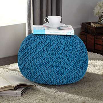 Joveco Ottoman Pouf Foot Rest- Round Pouf Ottoman Footstool- Hand Knitted Cotton Pouf Footrest- Knit Ottoman Accent Seating Chair for Living Room Nursery and Bedroom (Blue)