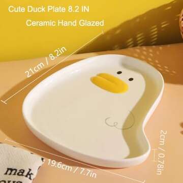 AKVAELFO Cute Anime Duck Plate, Ceramic Hand Glazed, Perfect for Desserts, Salads, Fruits, Steaks, Pasta,porcelain Breakfast Plate,Best Gift 8.2in.