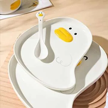 AKVAELFO Cute Anime Duck Plate, Ceramic Hand Glazed, Perfect for Desserts, Salads, Fruits, Steaks, Pasta,porcelain Breakfast Plate,Best Gift 8.2in.
