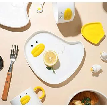 AKVAELFO Cute Anime Duck Plate, Ceramic Hand Glazed, Perfect for Desserts, Salads, Fruits, Steaks, Pasta,porcelain Breakfast Plate,Best Gift 8.2in.