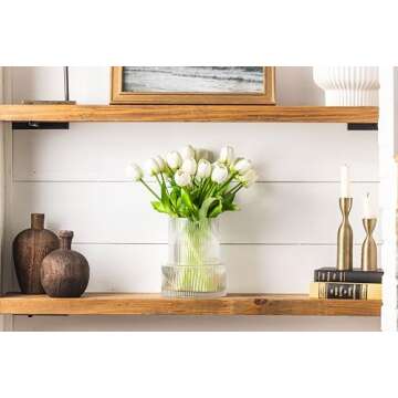 Tulips and Vase Ribbed Glass with 20 White Tulips Artificial Flowers Gift Set Fluted Clear Flower Va...