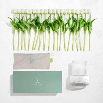 Tulips and Vase Ribbed Glass with 20 White Tulips Artificial Flowers Gift Set Fluted Clear Flower Vase and Fake Tulips Look Real Entryway Living Room Table Office Shelf Decor Faux Tulips in Short Vase