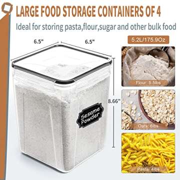 PRAKI Large Airtight Food Storage Containers 5.2L / 195oz, BPA Free, 4pcs Pantry Kitchen Organizers ...