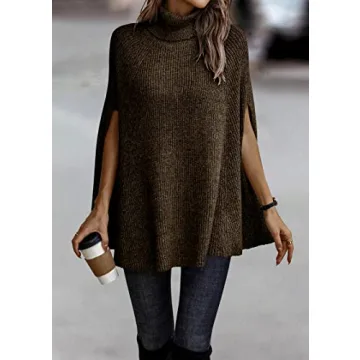 KIRUNDO Women's 2025 Fall Winter Turtleneck Poncho Sweater Fashion Chunky Knit Cape Wrap Sweaters Pullover Jumper Tops(Dark Coffee, Medium)