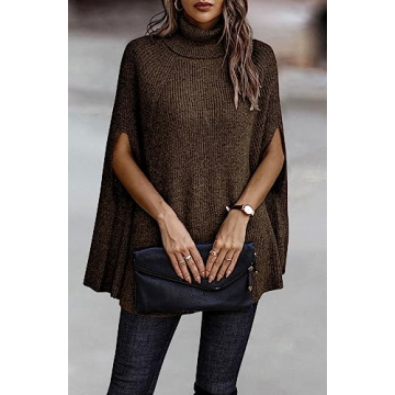 KIRUNDO Women's 2025 Fall Winter Turtleneck Poncho Sweater Fashion Chunky Knit Cape Wrap Sweaters Pullover Jumper Tops(Dark Coffee, Medium)