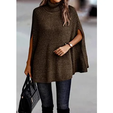 KIRUNDO Women's 2025 Fall Winter Turtleneck Poncho Sweater Fashion Chunky Knit Cape Wrap Sweaters Pullover Jumper Tops(Dark Coffee, Medium)