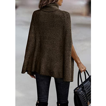 KIRUNDO Women's 2025 Fall Winter Turtleneck Poncho Sweater Fashion Chunky Knit Cape Wrap Sweaters Pullover Jumper Tops(Dark Coffee, Medium)