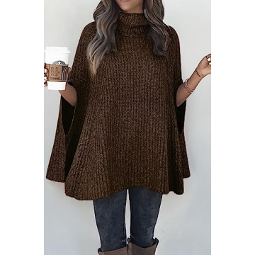 KIRUNDO Women's 2025 Fall Winter Turtleneck Poncho Sweater Fashion Chunky Knit Cape Wrap Sweaters Pullover Jumper Tops(Dark Coffee, Medium)