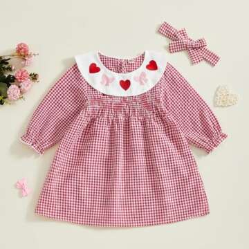 Toddler Baby Girls Valentine's Day Outfits Dot Heart Embroidery Long Sleeve Smocked Dress Headband Vintage Dresses (Rose Red, 4 Years)