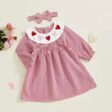 Toddler Baby Girls Valentine's Day Outfits Dot Heart Embroidery Long Sleeve Smocked Dress Headband Vintage Dresses (Rose Red, 4 Years)