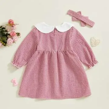 Toddler Baby Girls Valentine's Day Outfits Dot Heart Embroidery Long Sleeve Smocked Dress Headband Vintage Dresses (Rose Red, 4 Years)