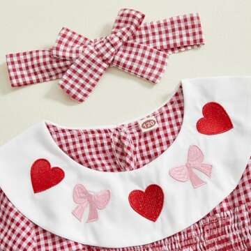 Toddler Baby Girls Valentine's Day Outfits Dot Heart Embroidery Long Sleeve Smocked Dress Headband Vintage Dresses (Rose Red, 4 Years)