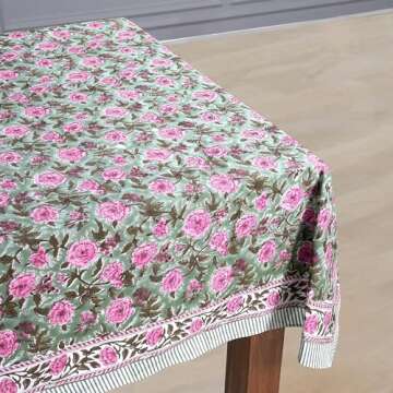 CPC Tablecloth 100% Cotton 60x60 Inch Indian Block Print Square Table Cover, Table Cloth for Weddings, Spring/Summer, Barbeque - Pink Tourmaline