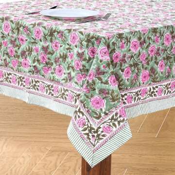CPC Tablecloth 100% Cotton 60x60 Inch Indian Block Print Square Table Cover, Table Cloth for Weddings, Spring/Summer, Barbeque - Pink Tourmaline