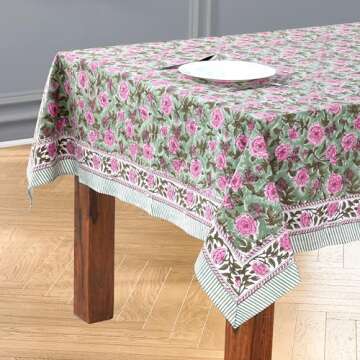CPC Tablecloth 100% Cotton 60x60 Inch Indian Block Print Square Table Cover, Table Cloth for Weddings, Spring/Summer, Barbeque - Pink Tourmaline