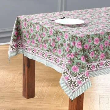 CPC Tablecloth 100% Cotton 60x60 Inch Indian Block Print Square Table Cover, Table Cloth for Weddings, Spring/Summer, Barbeque - Pink Tourmaline