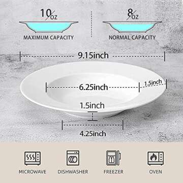 Artena 10 Ounce Pasta Bowls Set of 4, Elegant White Soup Bowls, Wide Rim Salad Bowl, Premium Porcela...