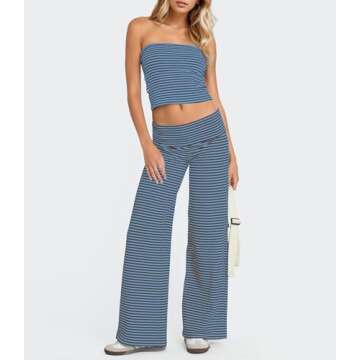 SHBECYDE Wide Leg Striped Pants for Women Low Rise Elastic Waist Sweatpants Knit Trousers Pajama Pants Blue-Black
