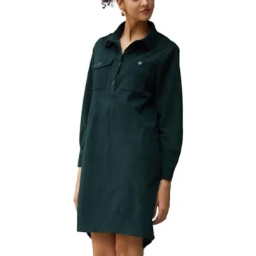 YEXPINE Women's Oversized Tunic Dress Long Sleeve Casual Button Down Corduroy Shirt Dress with Pockets Green