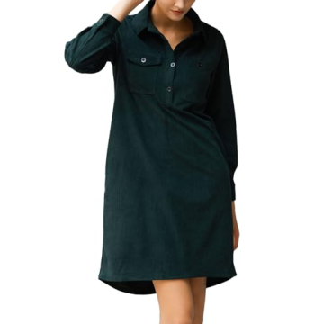 YEXPINE Women's Oversized Tunic Dress Long Sleeve Casual Button Down Corduroy Shirt Dress with Pockets Green