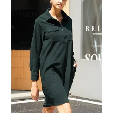 YEXPINE Women's Oversized Tunic Dress Long Sleeve Casual Button Down Corduroy Shirt Dress with Pockets Green