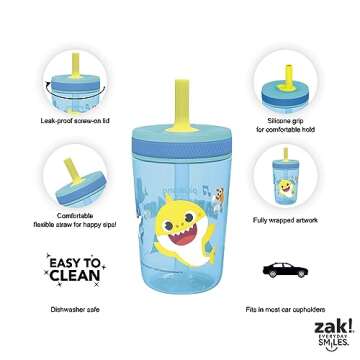 Zak Designs 15oz Baby Shark Kelso Tumbler Set, BPA-Free Leak-Proof Screw-On Lid with Straw Made of Durable Plastic and Silicone, Perfect Bundle for Kids (2pcs Set)
