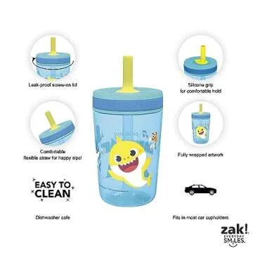 Zak Designs 15oz Baby Shark Kelso Tumbler Set, BPA-Free Leak-Proof Screw-On Lid with Straw Made of Durable Plastic and Silicone, Perfect Bundle for Kids (2pcs Set)