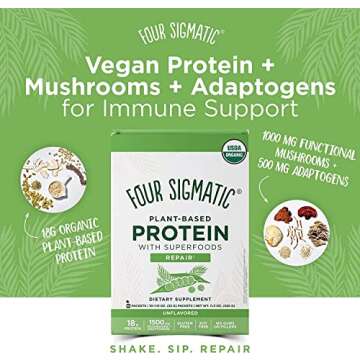 Four Sigmatic Superfood Protein Organic Plant-Based Protein with Chaga Mushroom & Ashwagandha | Supports Immune Function & Muscle Repair | Portable | Unflavored | 10 Count