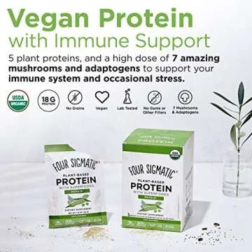 Four Sigmatic Superfood Protein Organic Plant-Based Protein with Chaga Mushroom & Ashwagandha | Supports Immune Function & Muscle Repair | Portable | Unflavored | 10 Count