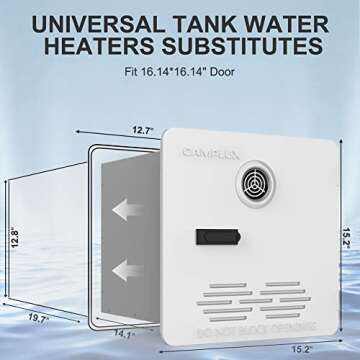 CAMPLUX RV Water Heater 65,000 BTU, RV Tankless Water Heaters 2.64 GPM Built-in Mixing Tank and Pressure Relief Valve, RV Propane Water Heater with Remote Control and White RV Door