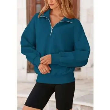 PRETTYGARDEN Women's Fall Fashion Half Zip Sweatshirts Long Sleeve Collared Cropped Pullover Tops Trendy Y2K Clothes (Lake Blue,Large)