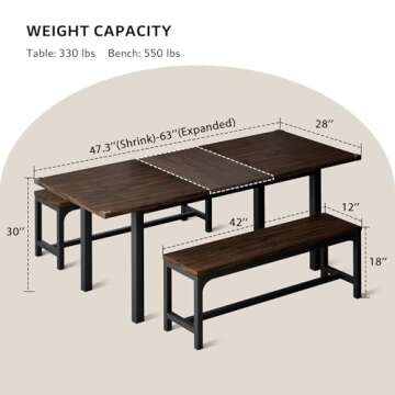 iPormis 3 Pcs 63" Dining Table for 4-6, Extendable Dining Room Table with 2 Benches, Mid Century-Modern Kitchen Table Set for Small Space, Easy Clean, Espresso