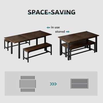 iPormis 3 Pcs 63" Dining Table for 4-6, Extendable Dining Room Table with 2 Benches, Mid Century-Modern Kitchen Table Set for Small Space, Easy Clean, Espresso