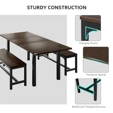 iPormis 3 Pcs 63" Dining Table for 4-6, Extendable Dining Room Table with 2 Benches, Mid Century-Modern Kitchen Table Set for Small Space, Easy Clean, Espresso