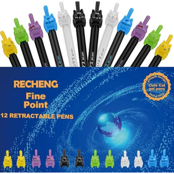 RECHENG Cute Cat Gel Pens - Fine Point 0.5mm - 12pcs Fun Set