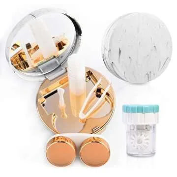 Contact Lens Travel Kit with Cleaner Washer, Portable Contact Box with Mirror Tweezers Remover Tool Solution Bottle for Daily Outdoor (Golden)