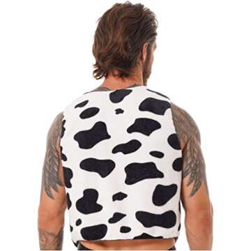 TiaoBug Men's Cow Print Adult Vest Festival Halloween Costume Flannel Sleeveless Open Front Short Coats Black Large
