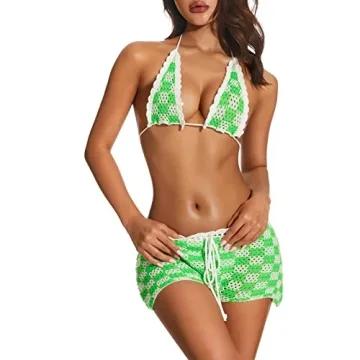 Boho Crochet Knit Bikini Set Plaid Halter Swimwear