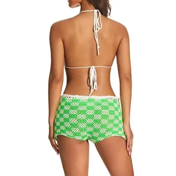 Boho Crochet Knit Bikini Set Plaid Halter Swimwear